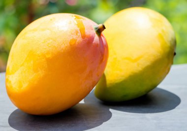 Doğrudan güneş ışığında bir masada mango meyvesi, bulanık bir arka grup.