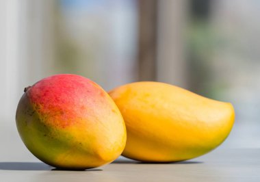 Doğrudan güneş ışığında bir masada mango meyvesi, bulanık bir arka grup.