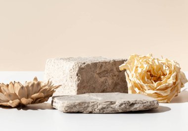 Taş podyum ve kuru çiçek bej rengi arka grubunda