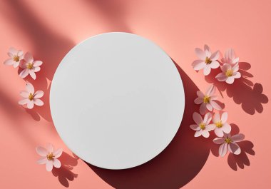 Pembe mercan renginde beyaz podyum açık renk gölgeler ve bahar çiçekleri, minimalist düz zemin, üst hayat