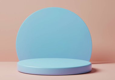 Mavi silindir podyum, kaide, pastel pembe ürünler sunumu için platform