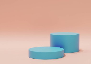 Mavi silindir podyum, kaide, pastel pembe ürünler sunumu için platform