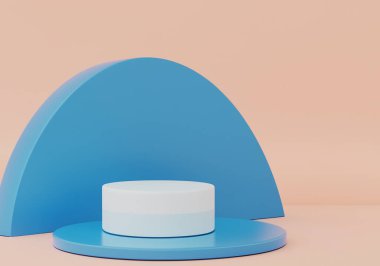 Mavi silindir podyum, kaide, pastel pembe ürünler sunumu için platform
