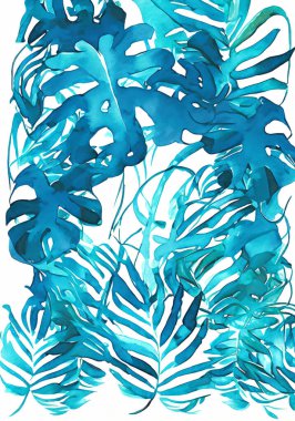 Suluboya sanat dokusuna sahip duvar sanat tasarımının mavi yaprakları.