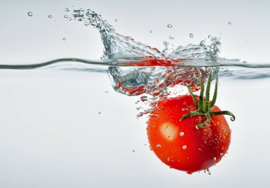 Beyaz arkaplanda domates ve su sıçraması