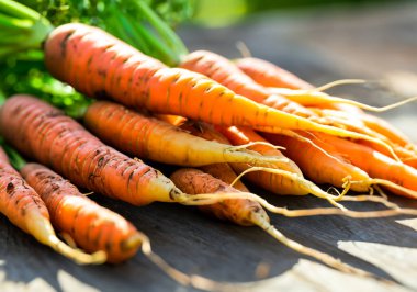 Eski masada taze havuçlar, seçici odaklanma.