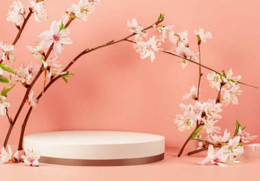 Hafif şeftali arka planda podyum ve çiçek dalları çerçeveli ürün sergisi