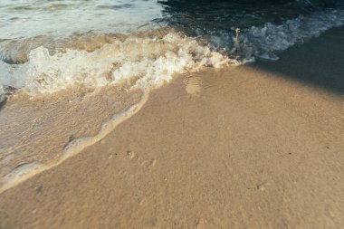 Kumlu bir kıyıya vuran köpüklü dalgalar. Seçici bir odak noktası.