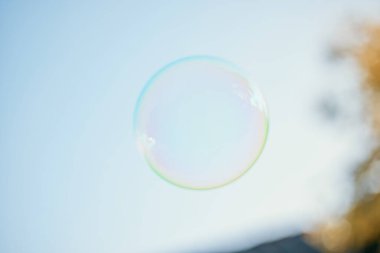 Açık mavi arkaplanda bir baloncuk. Seçici odak
