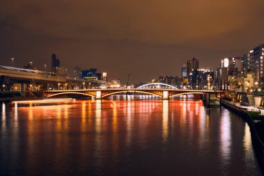 Tokyo, Japonya - 26 Kasım 2024: Gece Sumida Nehri manzarası.