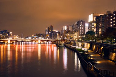 Tokyo, Japonya - 26 Kasım 2024: Gece Sumida Nehri manzarası.