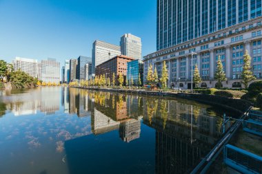 Tokyo 'daki yüksek binalar ve mavi gökyüzü, Japonya