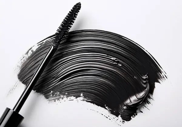 Maskara fırçasından siyah göz kalemi lekesi beyaz arka planda