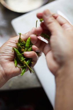 Taze yeşil biber tutarken elinizi kapayın.