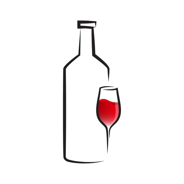 Винний Скляний Векторний Значок Червоним Вином Пляшкою Мальована Скляна Рука — стоковий вектор