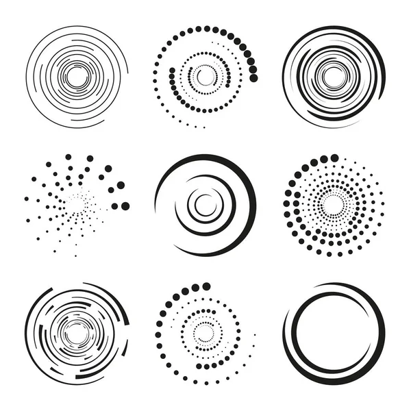 Vektor Set Aus Schwarzen Halbtongepunkteten Geschwindigkeitslinien Kreisförmige Geschwindigkeitslinie Aus Kreisen — Stockvektor