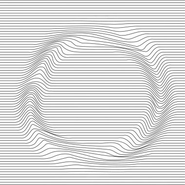 Dalganın tek renkli dokusu bozulmuş. Soyut dinamik dalgalı yüzey. Vektör çizgili deformasyon arkaplanı. Ağ, şebeke çizgileri. Siyah beyaz illüstrasyon.
