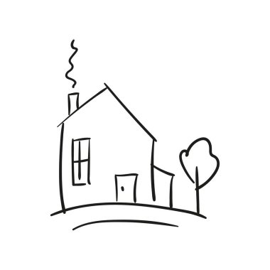 El yapımı ev. Çocuksu taslak tarzında vektör simgesi. Beyaz arkaplanda izole.