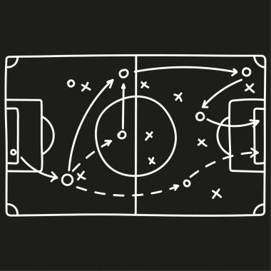 Taktik planı ve oyun stratejisi okları olan bir futbol sahası. Futbol sahasında vektör arkaplan. El çizimi oyun kitabı.