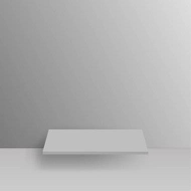 Gri bir duvar ile kopya alanı boş beyaz rafta. Vektör soyut kadar gerçekçi 3d sahte.