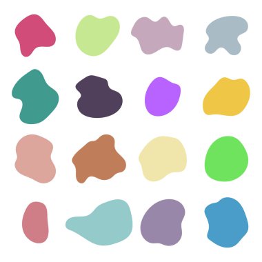 Rastgele organik şekiller, soyut damlalar, lekeler, mürekkep lekeleri. Sıvı vektör kümesi, akışkan düz form. Çakıl taşı ve taş siluetler. Çeşitli düzensiz şekillerin benek ya da noktalarının toplanması.