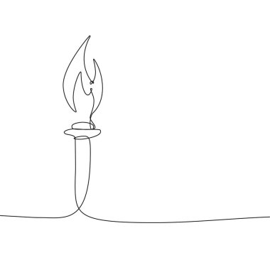 Alev vektörü elle yanan meşale. Devamlı çizgi simgesi çizilmiş. Beyaz üzerine izole illüstrasyon.