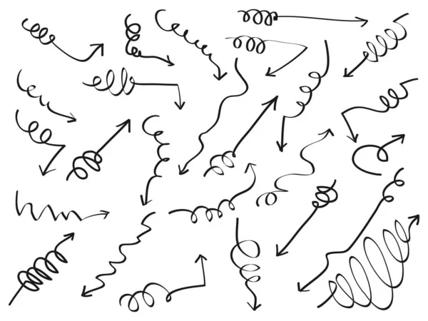 Gekritzelte Pfeile Spiralsymbole Set Pfeil Symbol Mit Verschiedenen Richtungen Handgezeichneten — Stockvektor