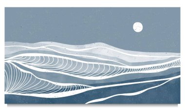 Mavi Okyanus dalgası manzarası. Yaratıcı minimalist modern boya ve çizgi sanat baskısı. Soyut çağdaş estetik arka planlar, manzaralar. Okyanus, deniz, tepe, dalga. vektör çizimleri