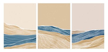 Doğal soyut dağ manzarası ve çizgi çizimi. Soyut çağdaş estetik arka planlar, manzaralar. Dağ manzarası, tepe, ufuk çizgisi. vektör çizimleri