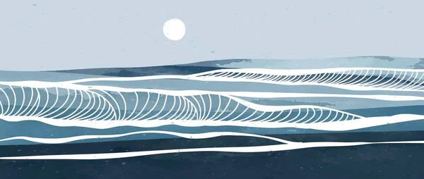 Blue Ocean wave landscape. Creative minimalist modern paint and line art print. Abstract contemporary aesthetic backgrounds landscapes. with Ocean, sea, skyline, wave. vector illustrations