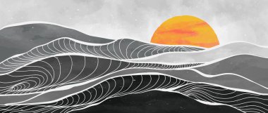 Yaratıcı minimalist modern boya ve çizgi sanat baskısı. Soyut çağdaş estetik arka planlar, manzaralar. Okyanus dalgası, deniz, ufuk çizgisi. vektör çizimleri