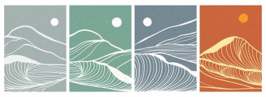 Okyanus dalgası manzara çizgisi sanatı. Yaratıcı minimalist modern sanat baskısı. Soyut çağdaş estetik arka planlar, manzaralar. Okyanus, deniz, dalga. vektör çizimleri