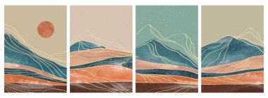 Çizgi sanatı ile birlikte sette doğal soyut dağ. Orta yüzyıl modern minimalist sanat baskısı. Soyut arkaplan manzarası. vektör çizimleri