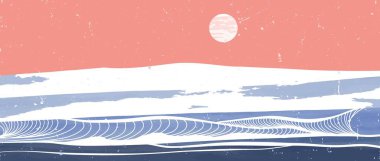 Okyanus dalgası manzarası. Yaratıcı minimalist modern boya ve çizgi sanat baskısı. Soyut çağdaş estetik arka planlar, manzaralar. Okyanus, deniz, dağlar, dalga. vektör çizimleri