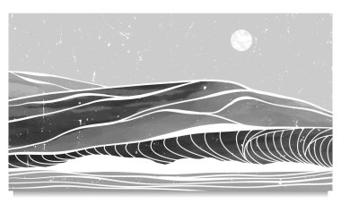 Okyanus dalgası ve dağ manzarası siyah beyaz. Soyut çağdaş estetik arka planlar, manzaralar. Yaratıcı minimalist modern boya ve çizgi sanat baskısı. vektör çizimleri