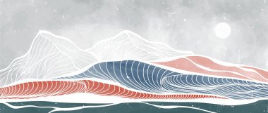 Okyanus dalgası manzarası. Yaratıcı minimalist modern boya ve çizgi sanat baskısı. Soyut çağdaş estetik arka planlar, manzaralar. Okyanus, deniz, ufuk çizgisi, dalga. vektör çizimleri