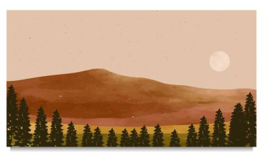 Dağ manzaralı suluboya resim. Orta Çağ Modern Sanatı. Doğal soyut manzara arka planı. Dağlarla, tepelerle, ormanlarla ve günbatımıyla. vektör illüstrasyonu