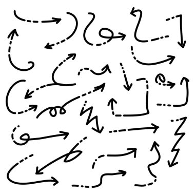 Doodle Arrows simgeleri ayarlandı. Çeşitli yönlerde ok simgesi. El çizimi tarzı. Beyaz bir arka planda izole edilmiş. vektör illüstrasyonu