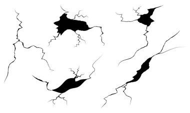 Hand drawn cracked wall, ground, glass, egg. doodle break set. isolated on white background. vector illustration