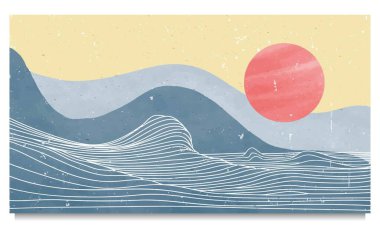 Creative minimalist hand painted illustrations of Mid century modern art. Natural abstract landscape background with line art. mountain, ocean wave and sun