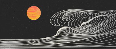 Ocean wave landscape. Creative minimalist modern line art print. Abstract contemporary aesthetic backgrounds landscapes. with Ocean, sea, skyline, wave and sunset. vector illustrations