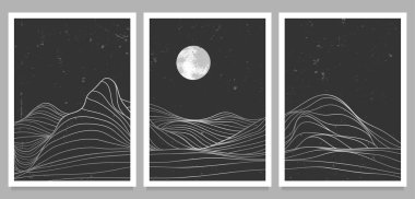 Hand drawn style of creative minimalist modern line art print. Abstract mountain contemporary aesthetic backgrounds landscapes. with mountain, moon, wave. vector illustrations