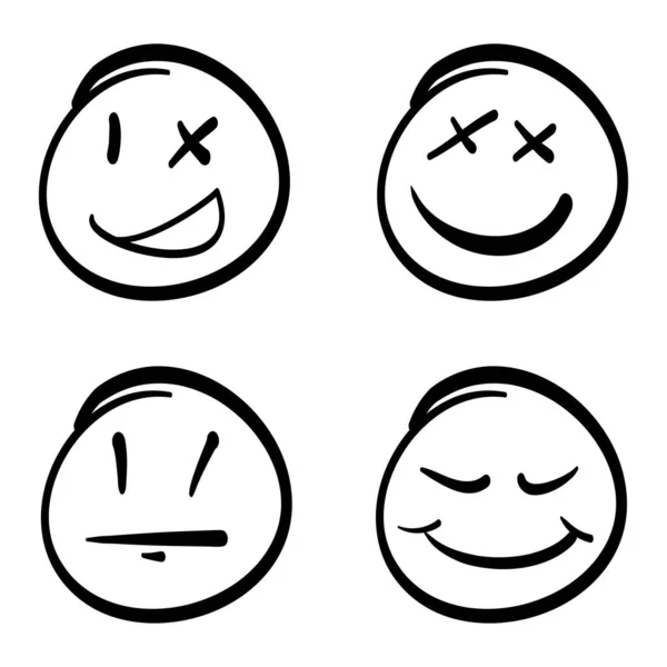 Gekritzelte Emoticons Emoji Charakter Mit Verschiedenen Emotionen Lächeln Wütend Traurig — Stockvektor