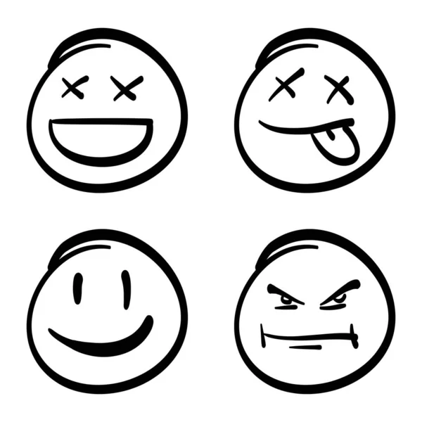 Doodle Setat Emoticoane Personaj Emoji Diverse Emoții Zâmbet Furios Trist — Vector de stoc