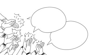 Ellerinizi çırpın ve konuşma balonuyla alkışlayın. Alkışlar, eller yukarı, el hareketi. Beyaz arka planda izole edilmiş. vektör illüstrasyonu