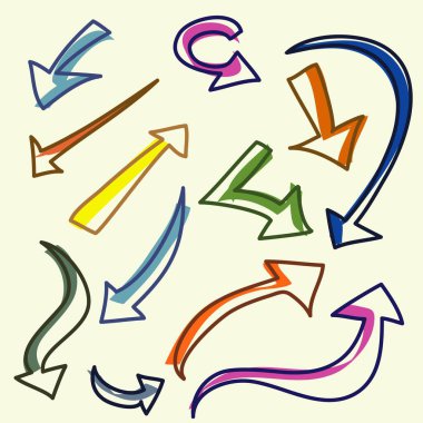 Yönlendirici Şekiller ve Nesneler ile renklendirilmiş çeşitli Doodle Okları. El çizimi vektör illüstrasyonu