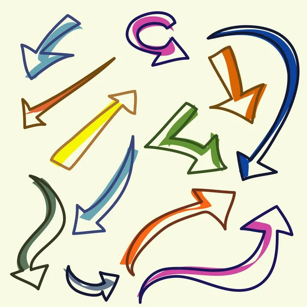 Varios Doodle Flechas Colorido Con Punteros Dirección Formas Objetos Ilustración — Vector de stock