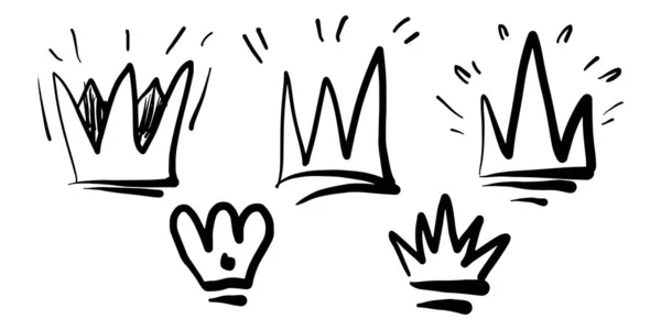 Колекція Знаку Doodle Crown Чорного Кольору Над Білим Рука Намальована — стоковий вектор