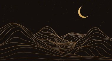 El çizimi yaratıcı minimalist modern çizgi baskısı. Soyut dağ, çağdaş estetik arka planlar, manzara. Dağ, gökyüzü, ay ışığı. vektör çizimleri