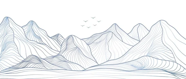 El çizimi yaratıcı minimalist modern çizgi baskısı. Soyut dağ, çağdaş estetik arka planlar, manzara. Dağ, uçan kuş, okyanus dalgası. vektör çizimleri